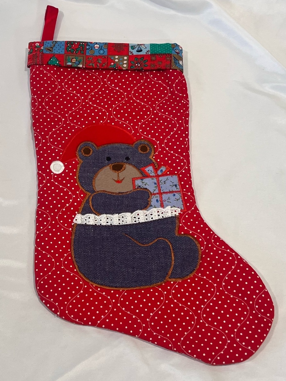 Handmade Quilted Christmas Stocking Teddy Bear Red Polka Dot